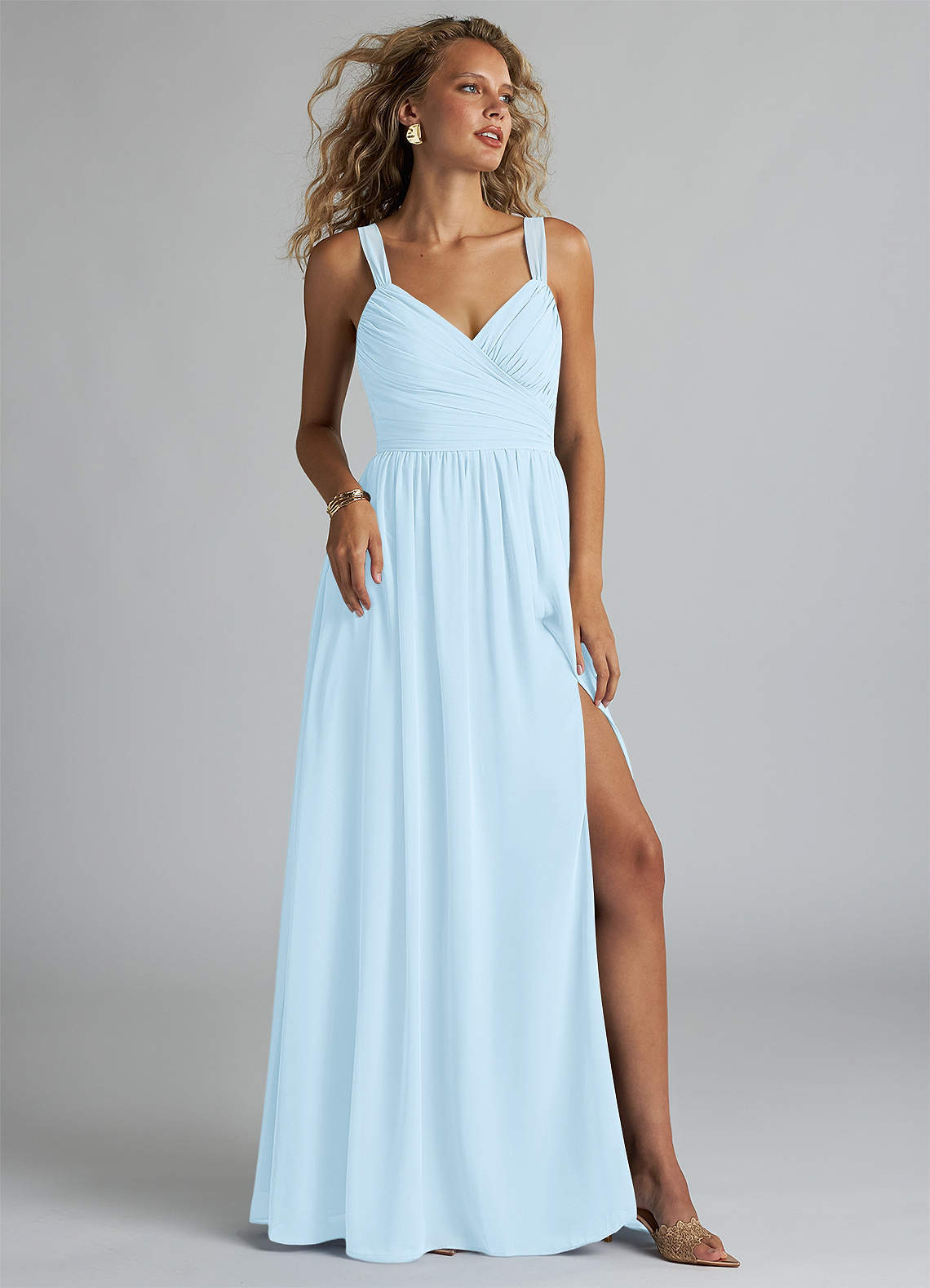 elyessen Aziza Sky Blue A-Line V-Neck Pleated Chiffon Dress 2