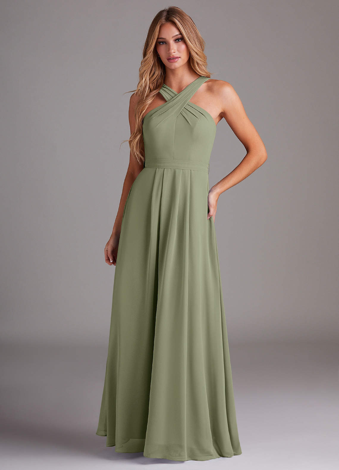 elyessen Dixie Sky Blue A-Line Halter Pleated Chiffon Dress 1