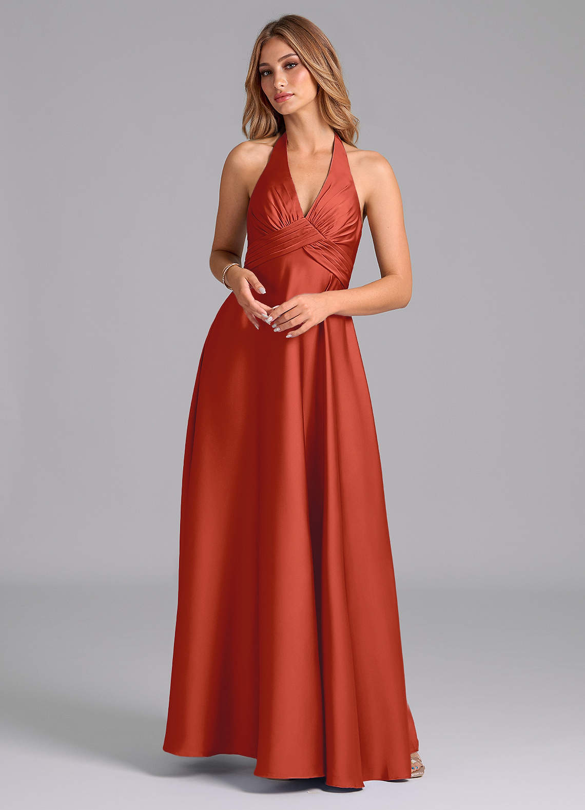 elyessen Tessie Terracotta A-Line Pleated Stretch Satin Dress 5