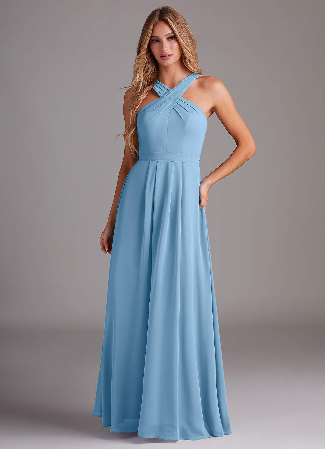elyessen Dixie Sky Blue A-Line Halter Pleated Chiffon Dress 2