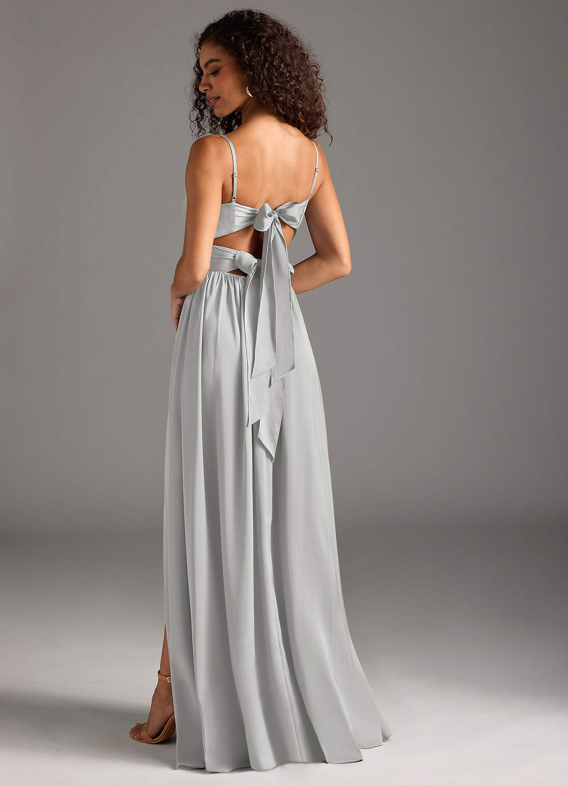 elyessen Zeya Dusty Blue A-Line Pleated Stretch Satin Dress 7