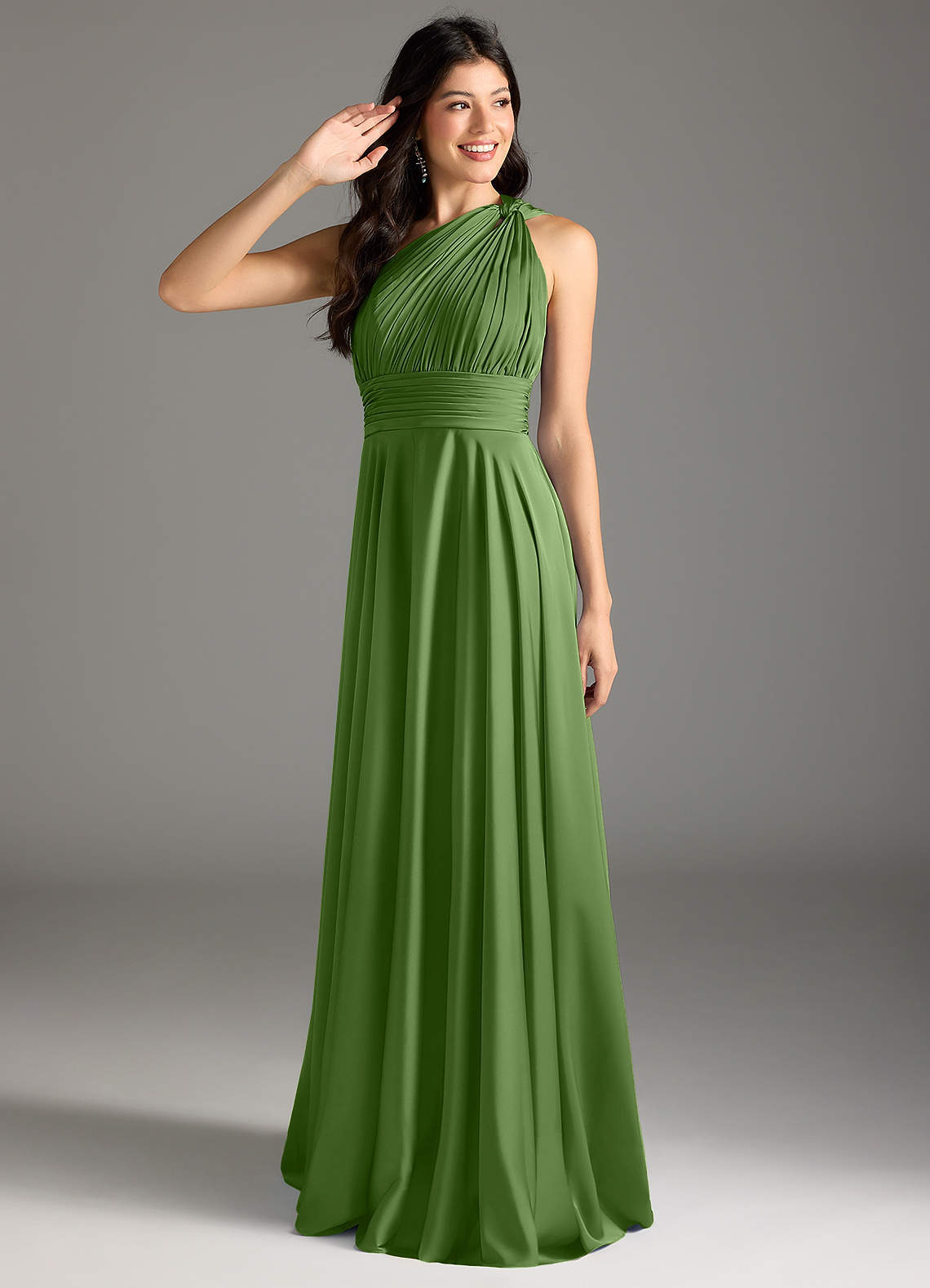 elyessen Charlize Dusty Sage A-Line One Shoulder Stretch Satin Dress 1