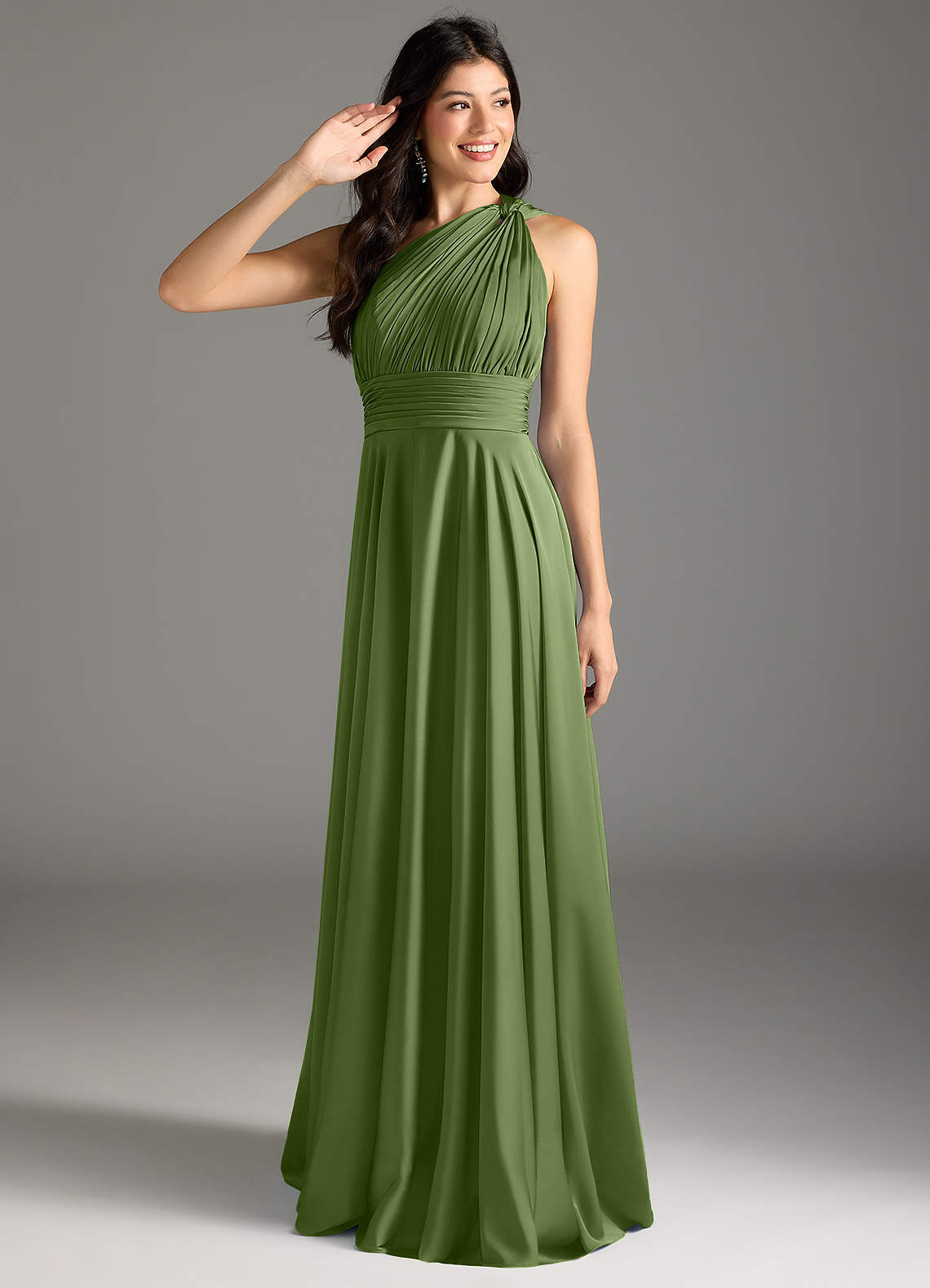 elyessen Charlize Dusty Sage A-Line One Shoulder Stretch Satin Dress 1