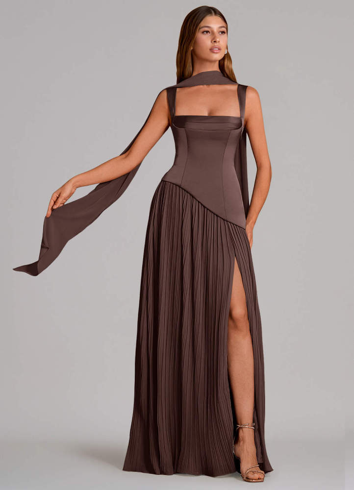 elyessen Stephanie Black A-Line Pleated Stretch Satin Dress 7