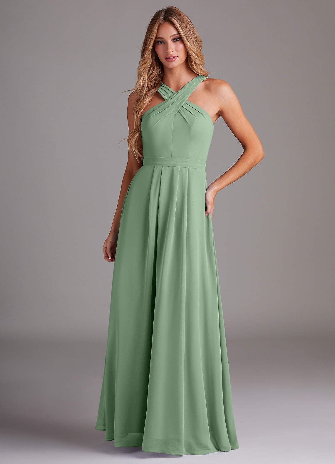elyessen Dixie Sky Blue A-Line Halter Pleated Chiffon Dress 1