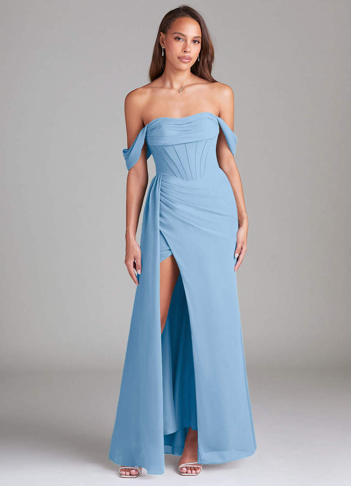 elyessen Amyra Dusty Blue Sheath Off the Shoulder Chiffon Convertible Dress 2