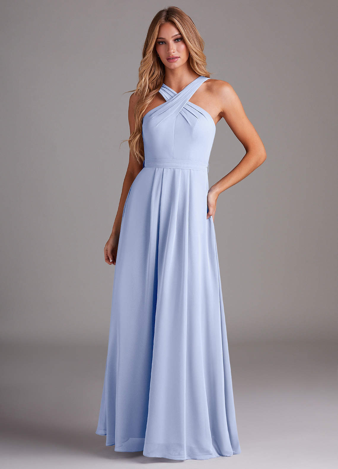 elyessen Dixie Sky Blue A-Line Halter Pleated Chiffon Dress 2