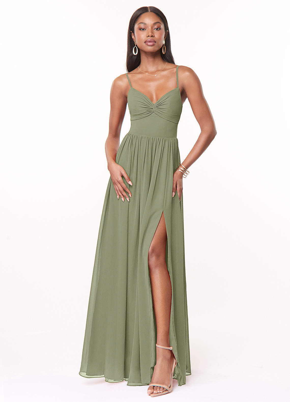 elyessen Zeya Dusty Blue A-Line V-Neck Pleated Chiffon Dress 1