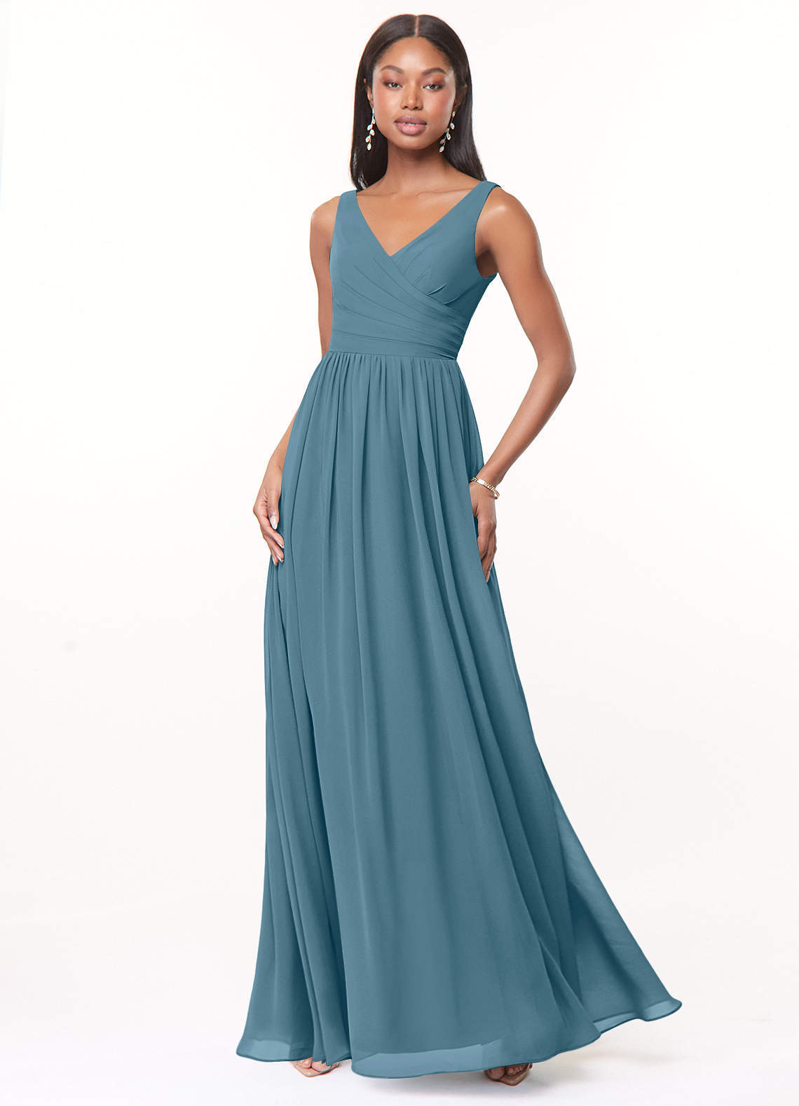 elyessen Keyla Dusty Blue A-Line V-Neck Pleated Chiffon Dress 3