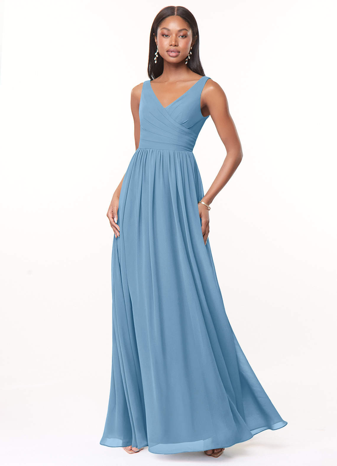 elyessen Keyla Dusty Blue A-Line V-Neck Pleated Chiffon Dress 3