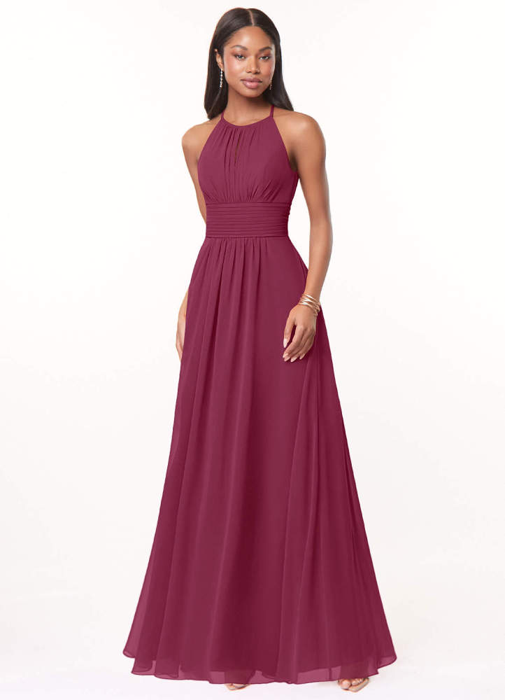 elyessen Bonnie Burgundy A-Line Keyhole Ruched Chiffon Dress 5