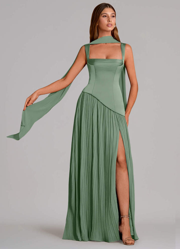 elyessen Stephanie Black A-Line Pleated Stretch Satin Dress 1