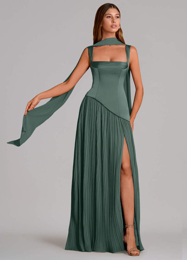 elyessen Stephanie Black A-Line Pleated Stretch Satin Dress 1