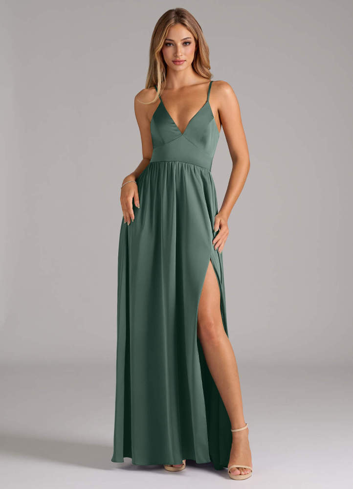 elyessen Aaida Dusty Sage A-Line Corset Stretch Satin Dress 1