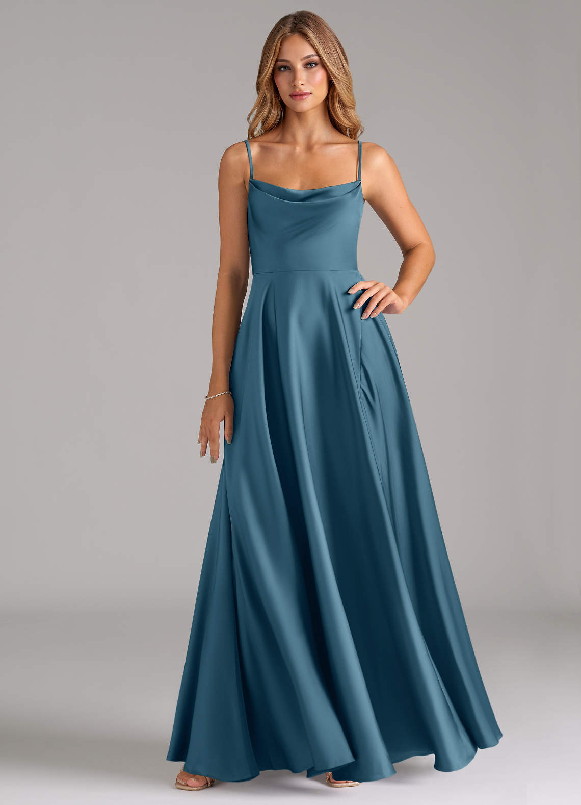 elyessen Elle Sky Blue A-Line Pleated Stretch Satin Dress 3