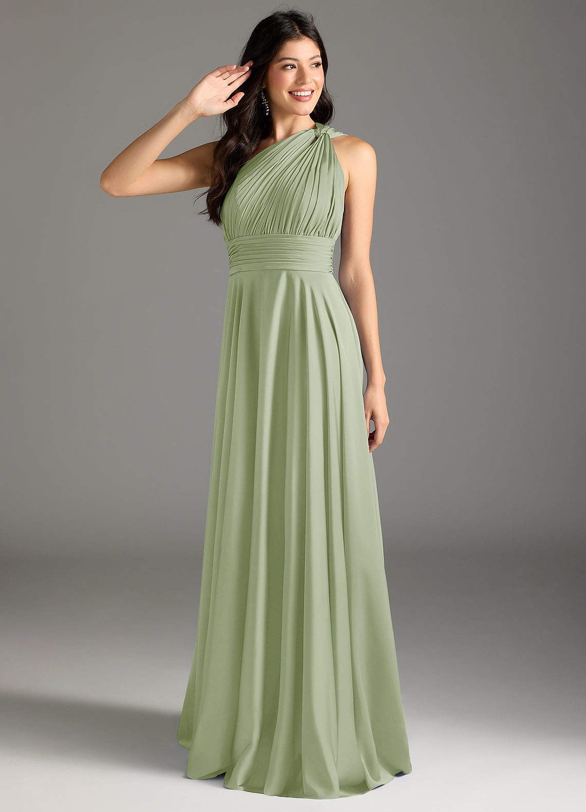 elyessen Charlize Dusty Sage A-Line One Shoulder Stretch Satin Dress 1