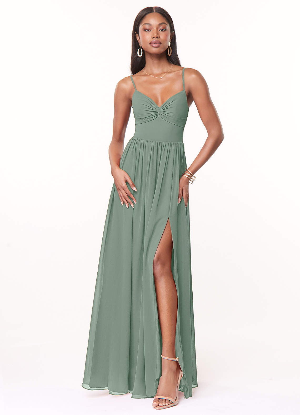 elyessen Zeya Dusty Blue A-Line V-Neck Pleated Chiffon Dress 1