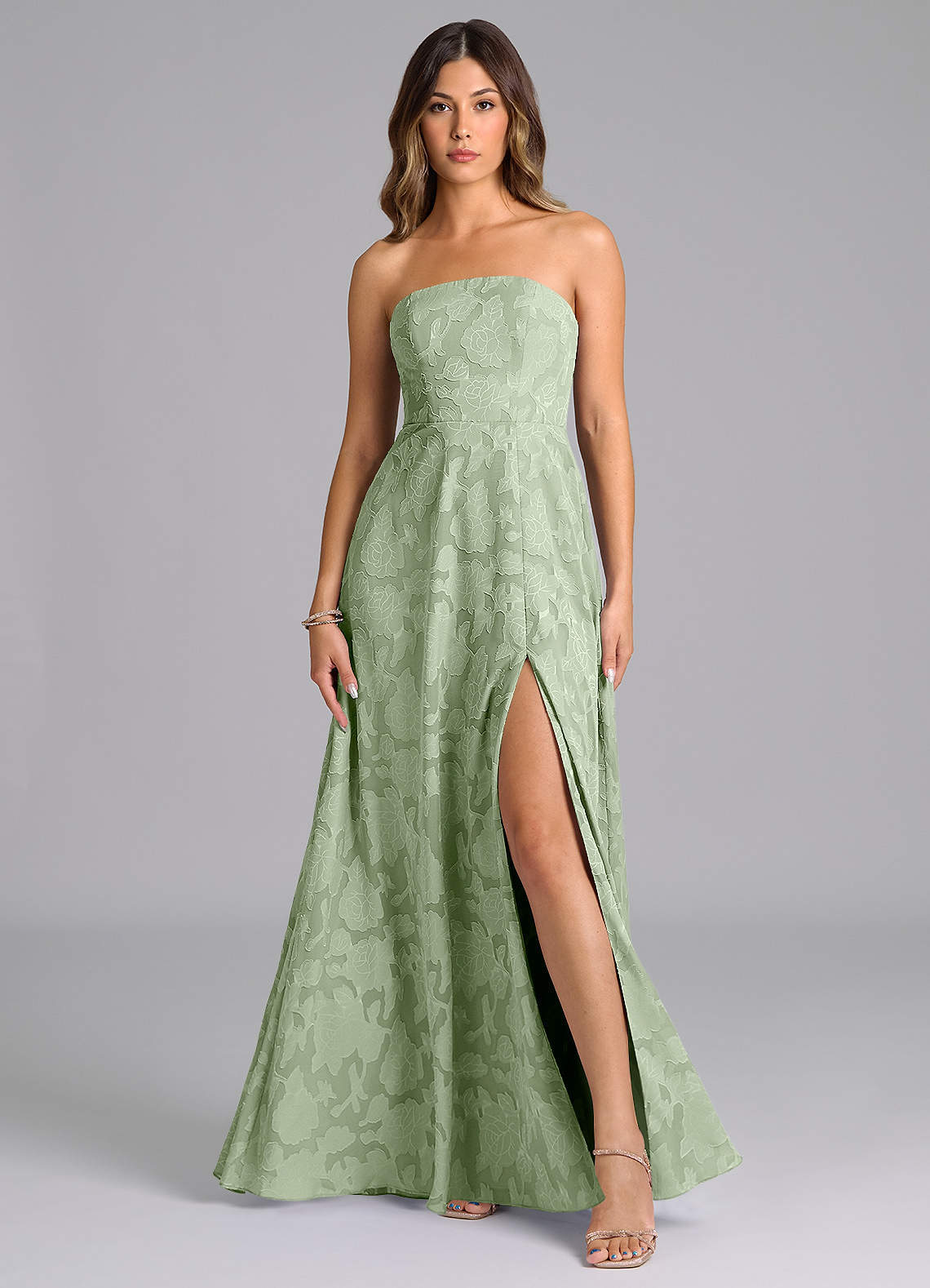 elyessen Wren Dusty Sage A-Line Strapless Floral Burnout Dress 1