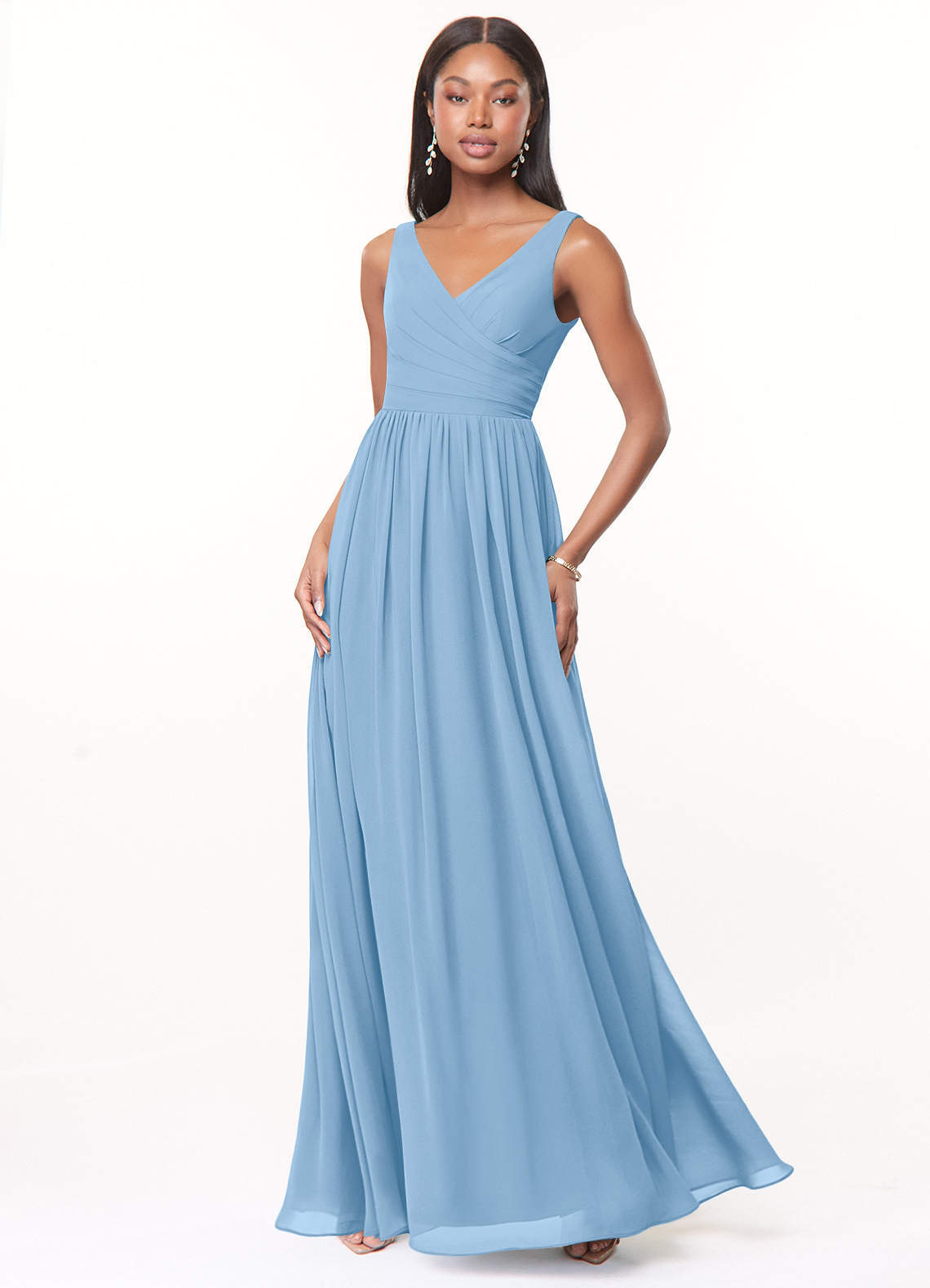 elyessen Keyla Dusty Blue A-Line V-Neck Pleated Chiffon Dress 2