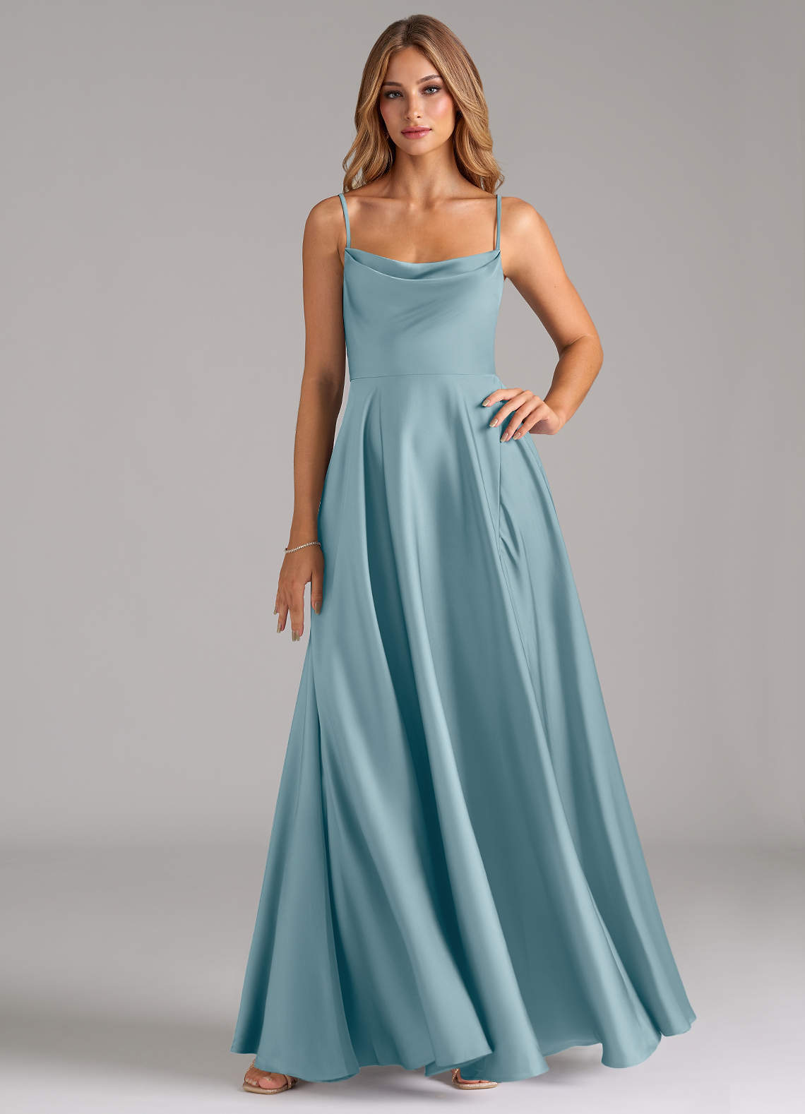 elyessen Elle Sky Blue A-Line Pleated Stretch Satin Dress 8