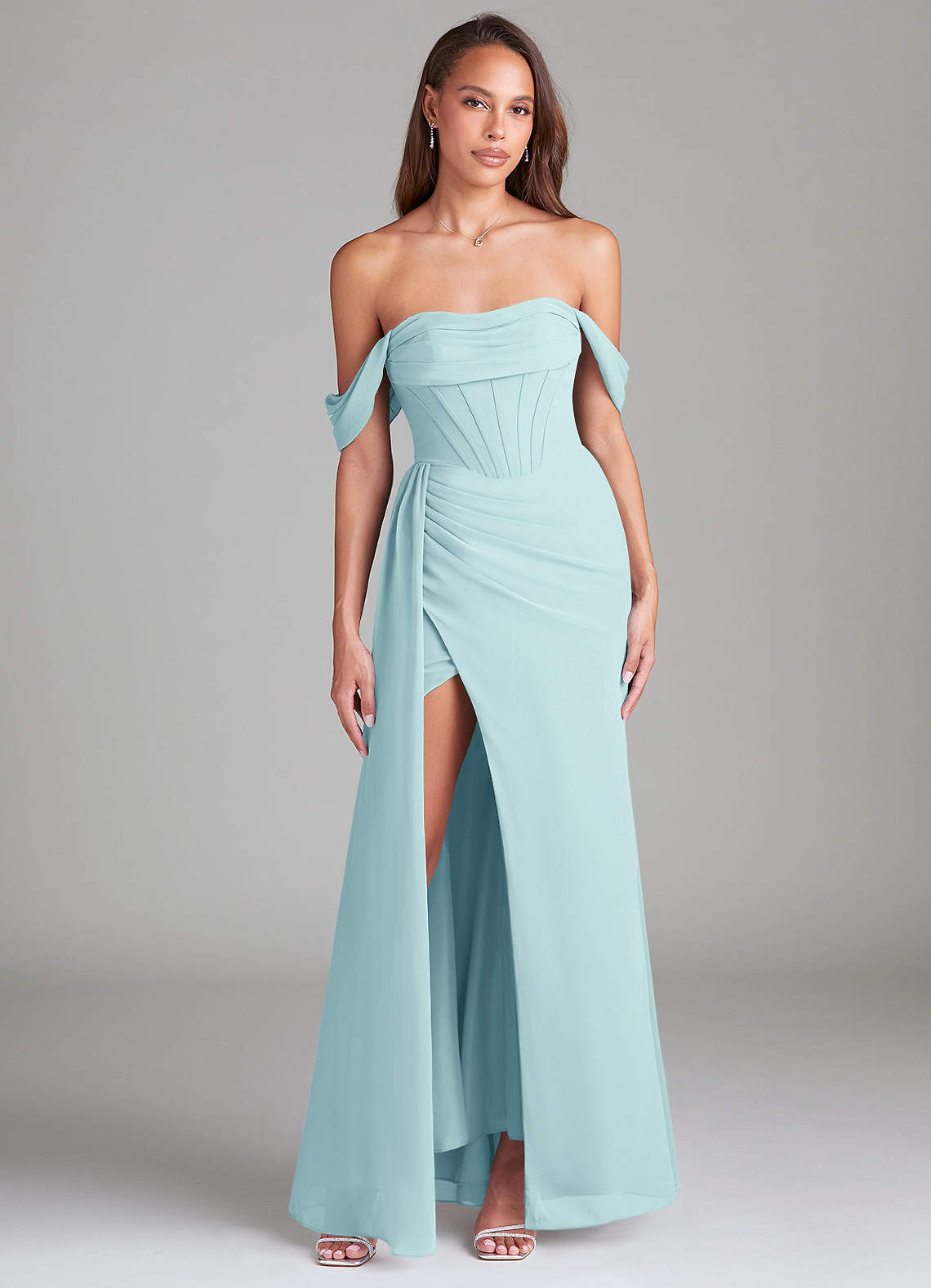 elyessen Amyra Dusty Blue Sheath Off the Shoulder Chiffon Convertible Dress 2