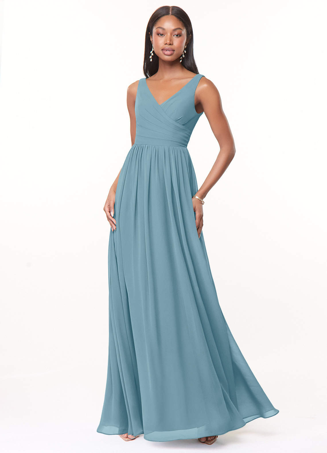 elyessen Keyla Dusty Blue A-Line V-Neck Pleated Chiffon Dress 8