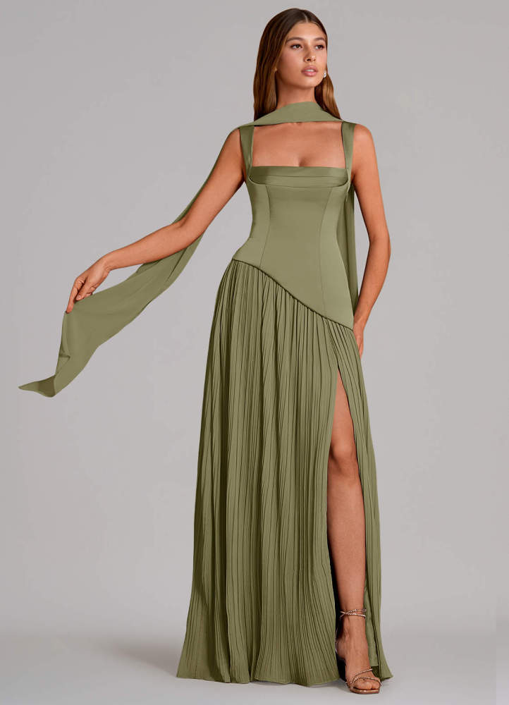 elyessen Stephanie Black A-Line Pleated Stretch Satin Dress 1