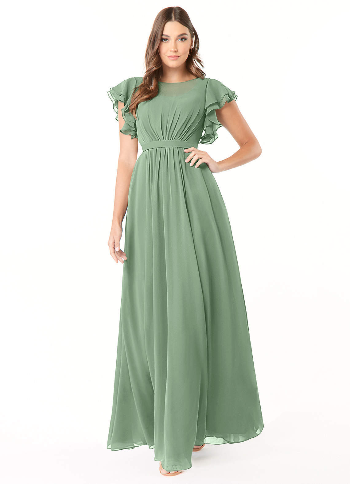 elyessen Daphne A-Line Ruffled Chiffon Floor-Length Dress Eucalyptus 1