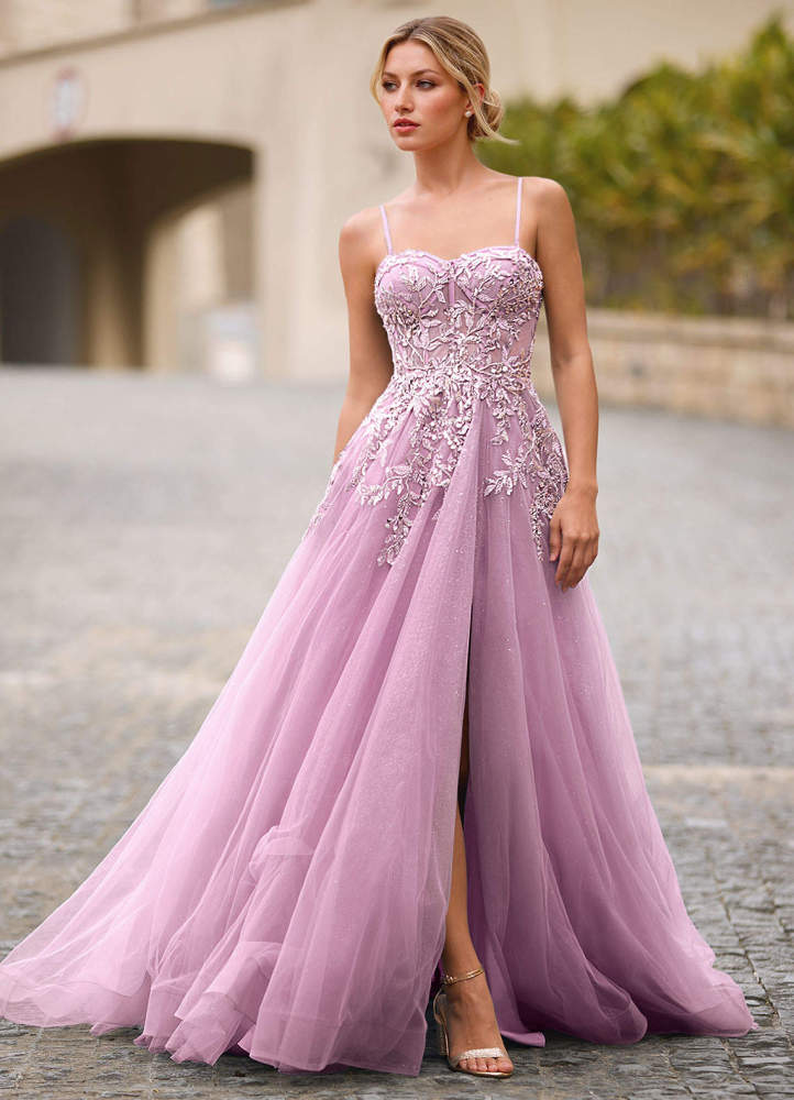 Celeste Light Purple Rhinestone Sheer Lace Prom Dress