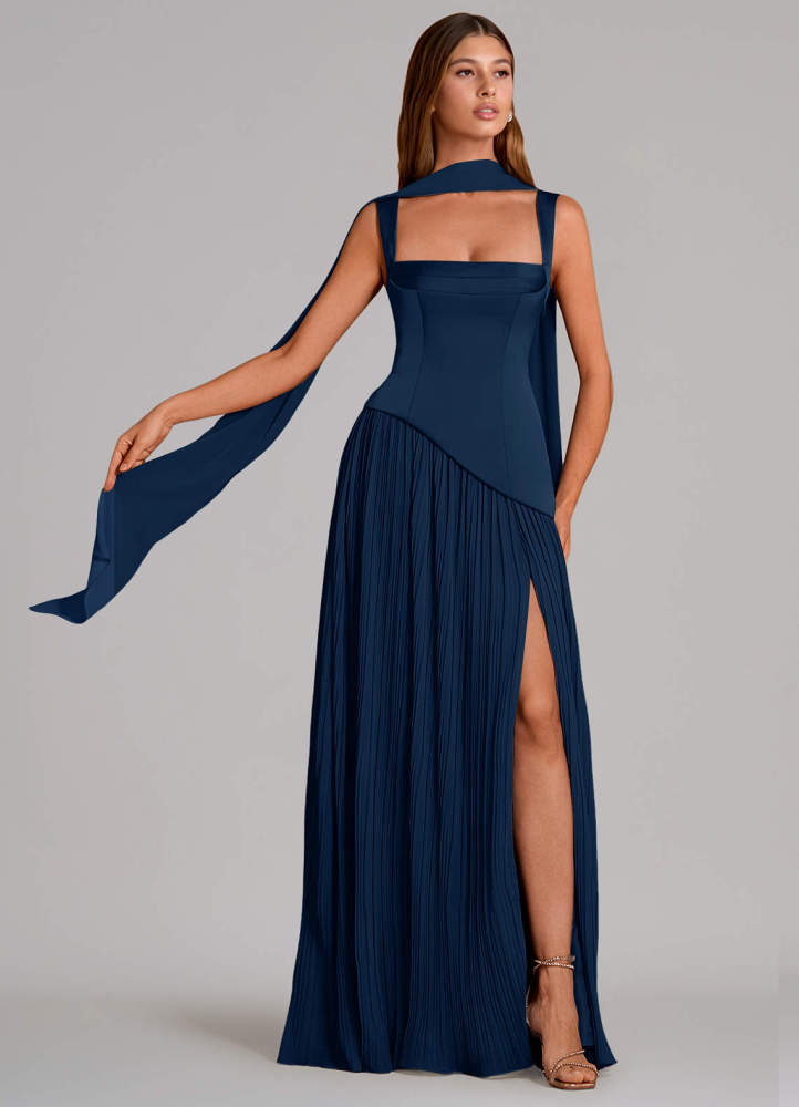 elyessen Stephanie Black A-Line Pleated Stretch Satin Dress 3