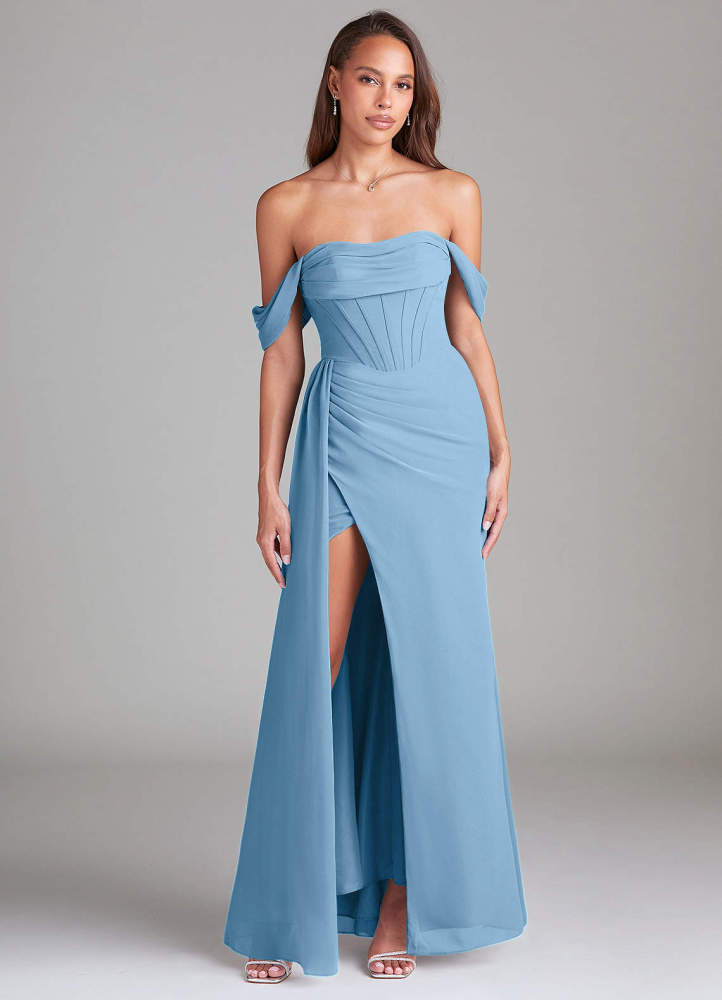elyessen Amyra Dusty Blue Sheath Off the Shoulder Chiffon Convertible Dress 3