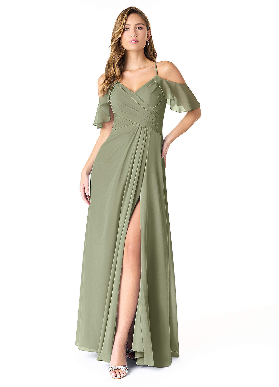 elyessen Dakota Dusty Sage A-Line V-Neck Pleated Chiffon Dress 1