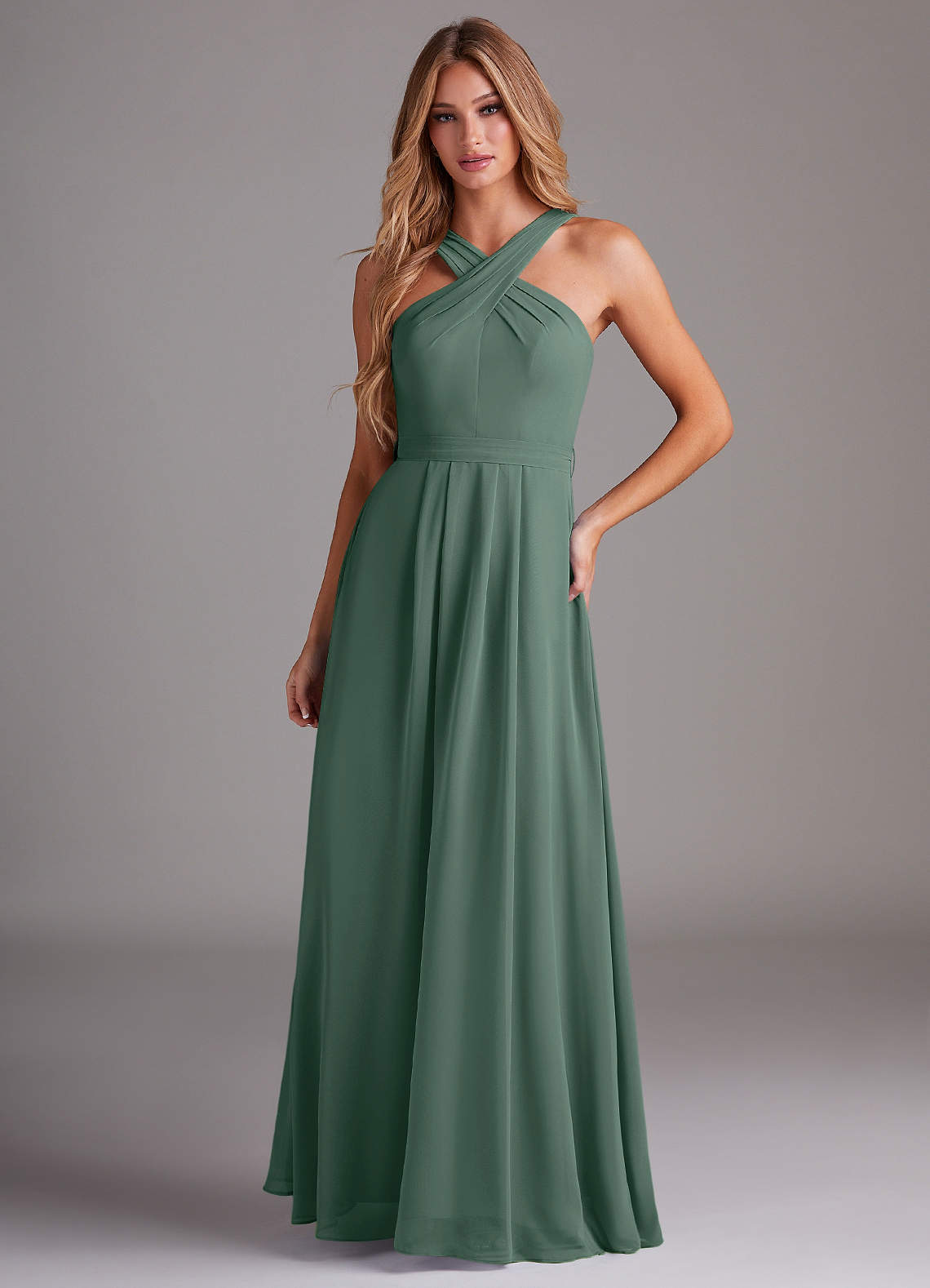 elyessen Dixie Sky Blue A-Line Halter Pleated Chiffon Dress 1