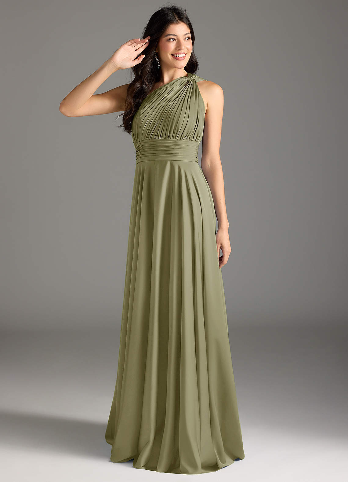elyessen Charlize Dusty Sage A-Line One Shoulder Stretch Satin Dress 1