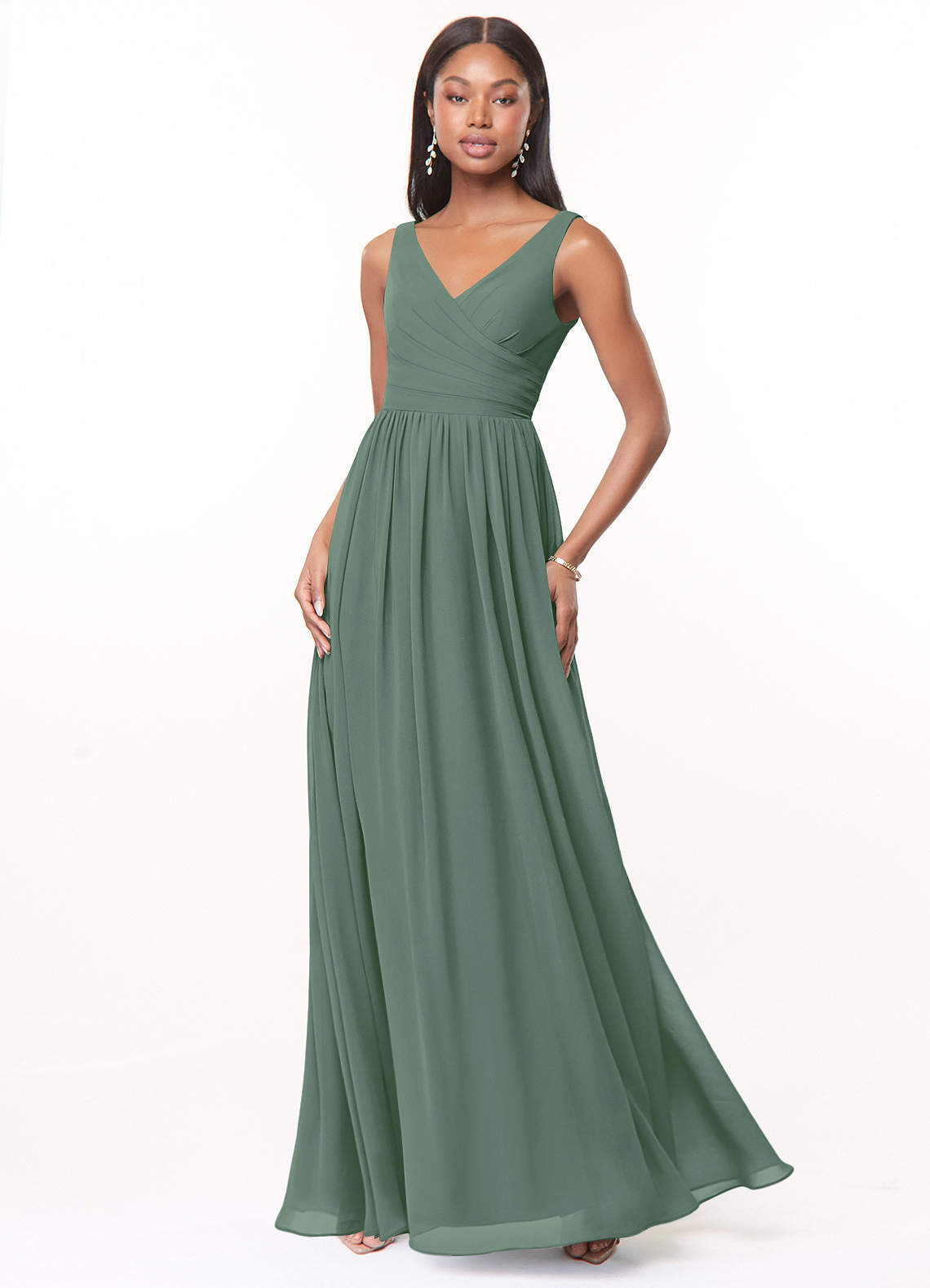 elyessen Keyla Dusty Blue A-Line V-Neck Pleated Chiffon Dress 1