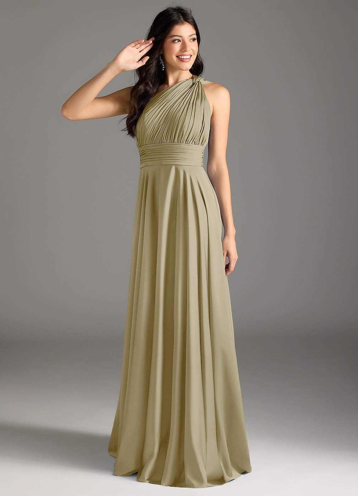 elyessen Charlize Dusty Sage A-Line One Shoulder Stretch Satin Dress 1