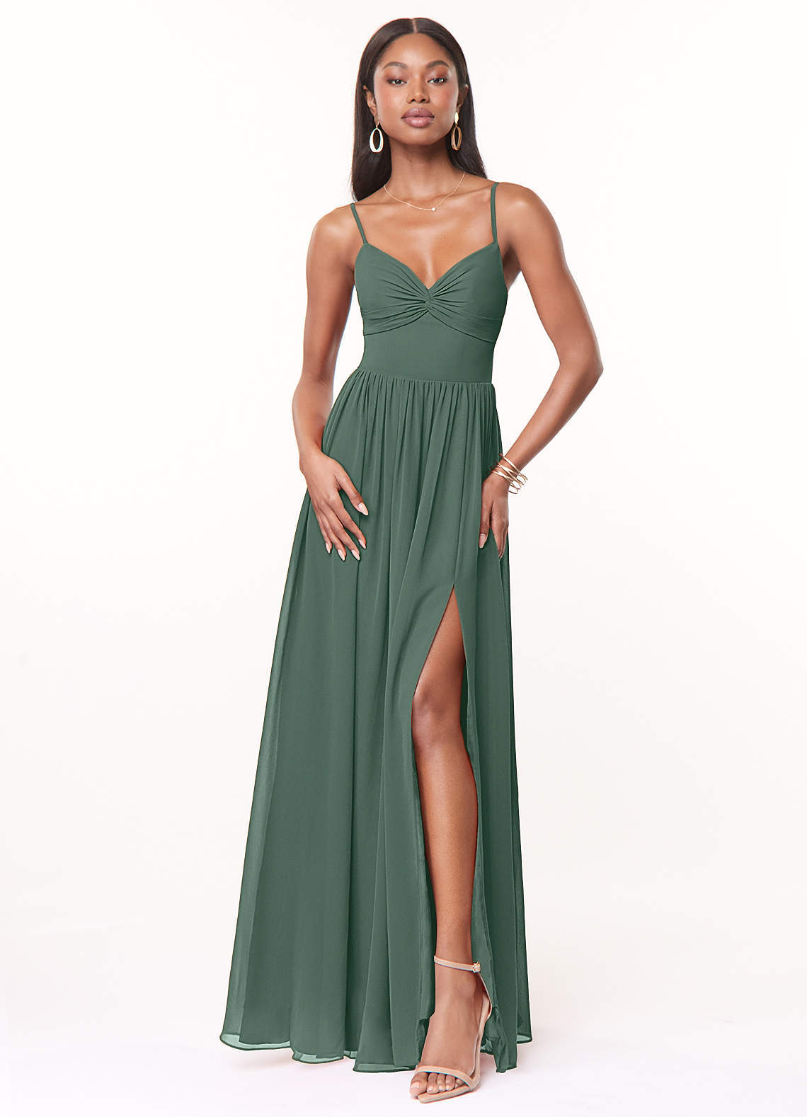 elyessen Zeya Dusty Blue A-Line V-Neck Pleated Chiffon Dress 1
