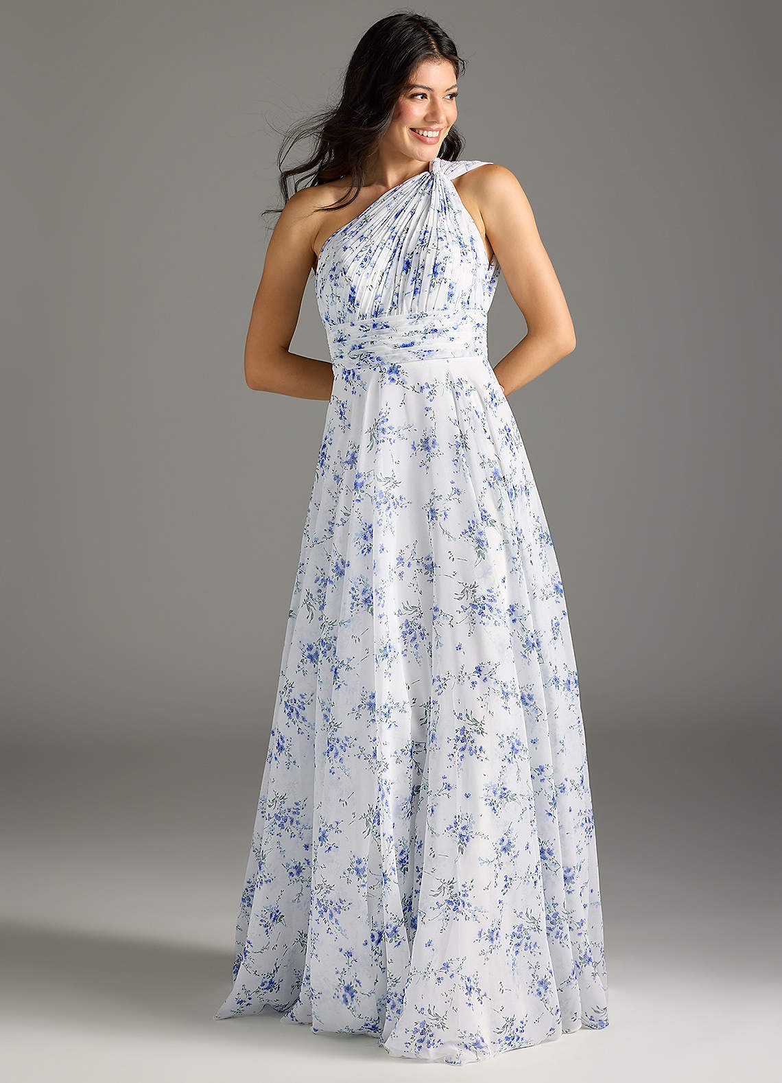 elyessen Charlize Abstract Bouquet Floral A-Line One Shoulder Chiffon Dress 9
