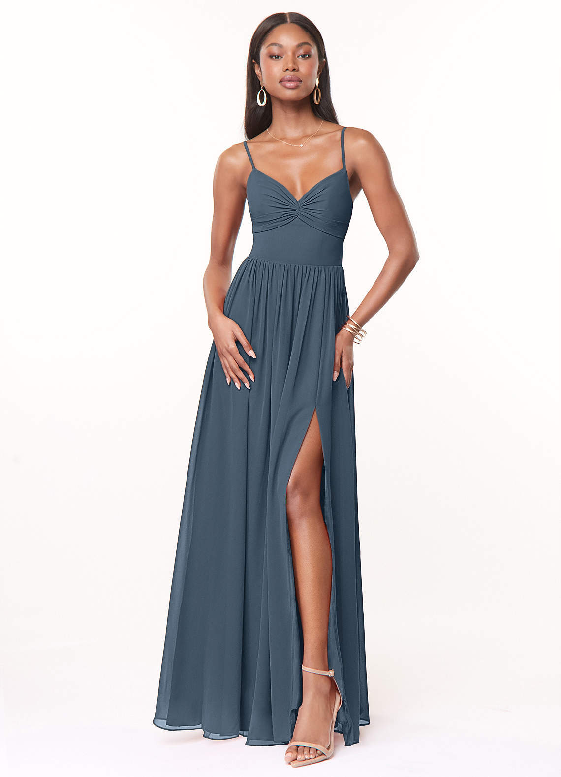 elyessen Zeya Dusty Blue A-Line V-Neck Pleated Chiffon Dress 3