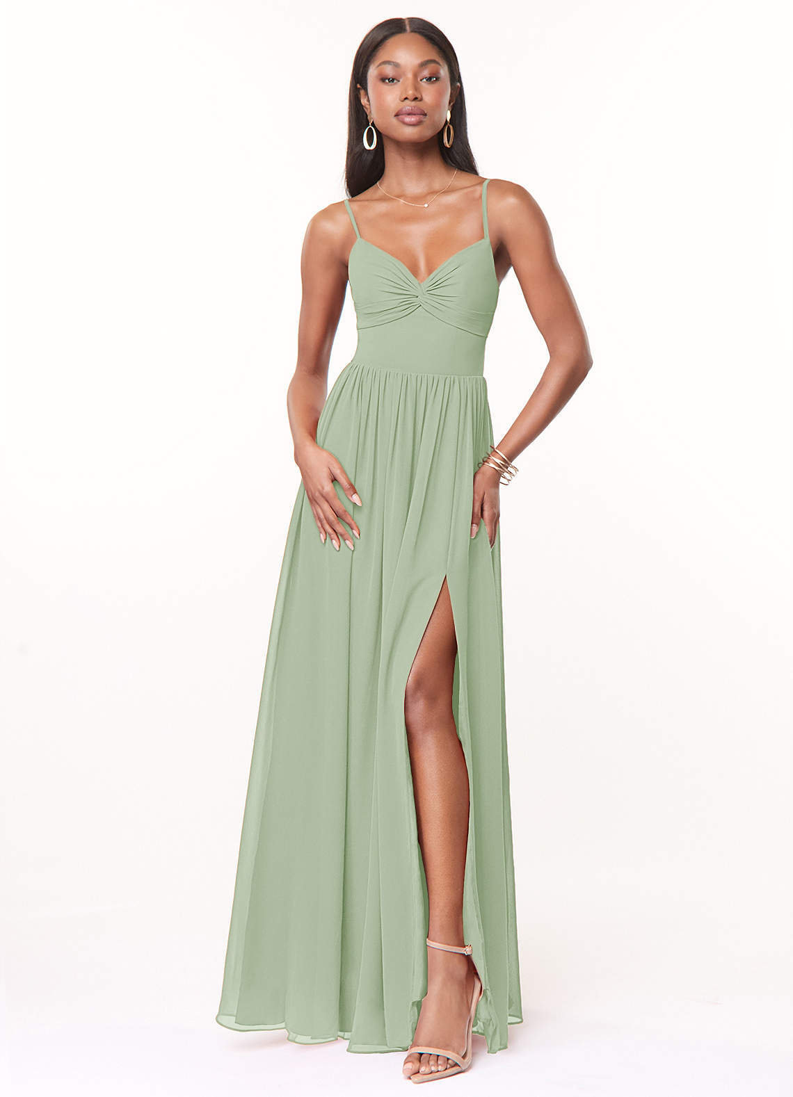 elyessen Zeya Dusty Blue A-Line V-Neck Pleated Chiffon Dress 1