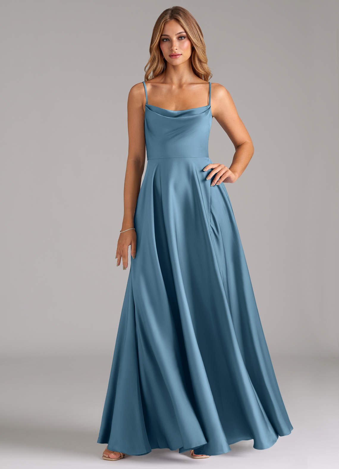 elyessen Elle Sky Blue A-Line Pleated Stretch Satin Dress 3