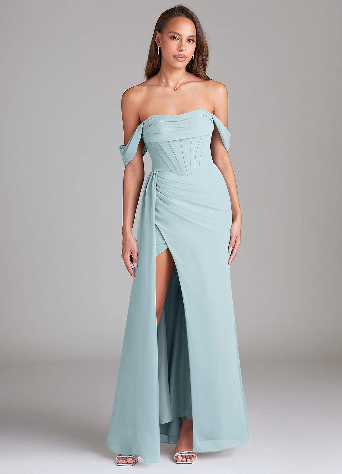 elyessen Amyra Dusty Blue Sheath Off the Shoulder Chiffon Convertible Dress 2