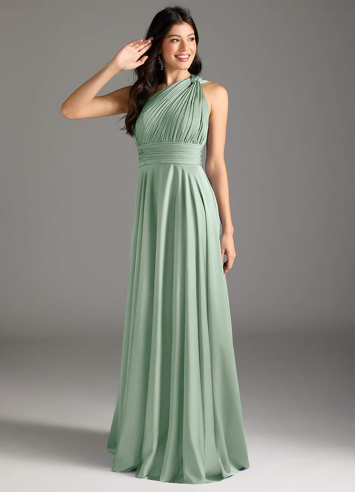 elyessen Charlize Dusty Sage A-Line One Shoulder Stretch Satin Dress 1