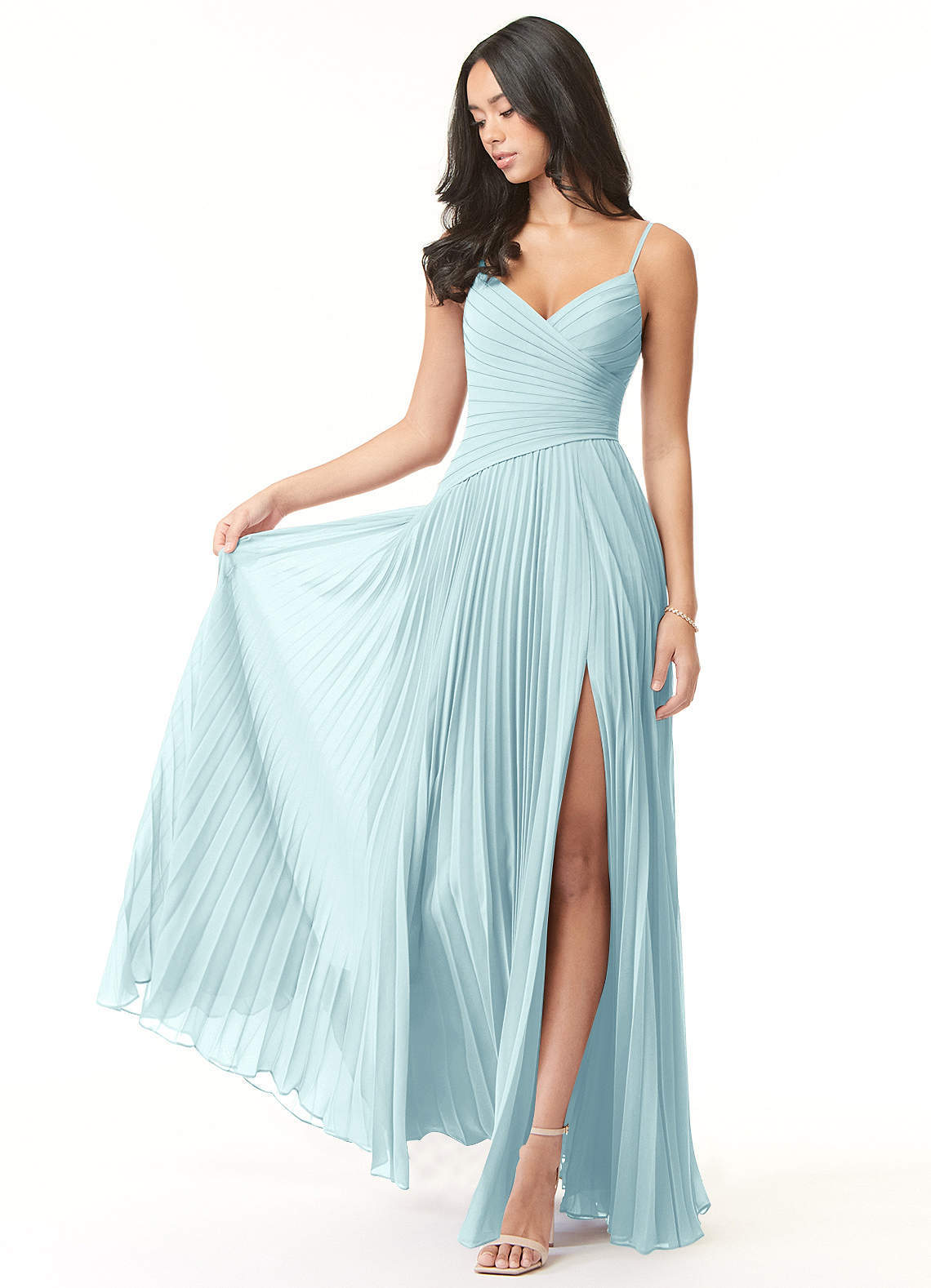 elyessen Vini Sky Blue A-Line V-Neck Pleated Chiffon Dress 2
