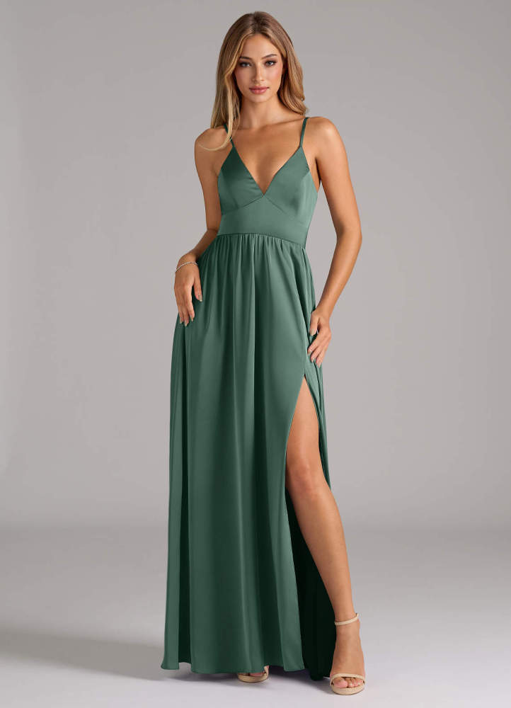 elyessen Aaida Dusty Sage A-Line Corset Stretch Satin Dress 1