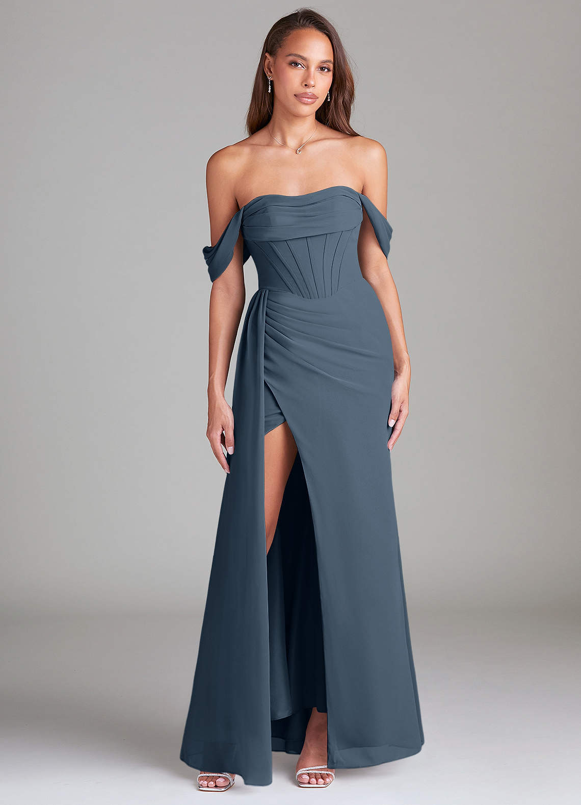 elyessen Amyra Dusty Blue Sheath Off the Shoulder Chiffon Convertible Dress 3