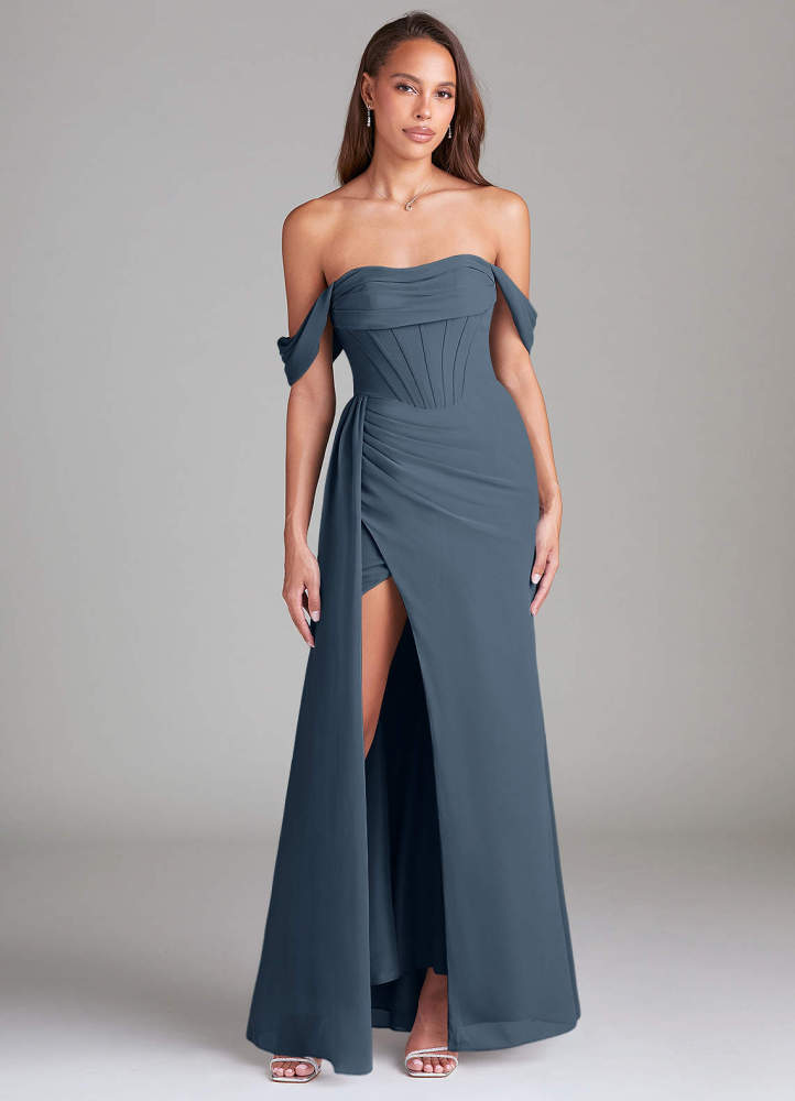 elyessen Amyra Dusty Blue Sheath Off the Shoulder Chiffon Convertible Dress 3