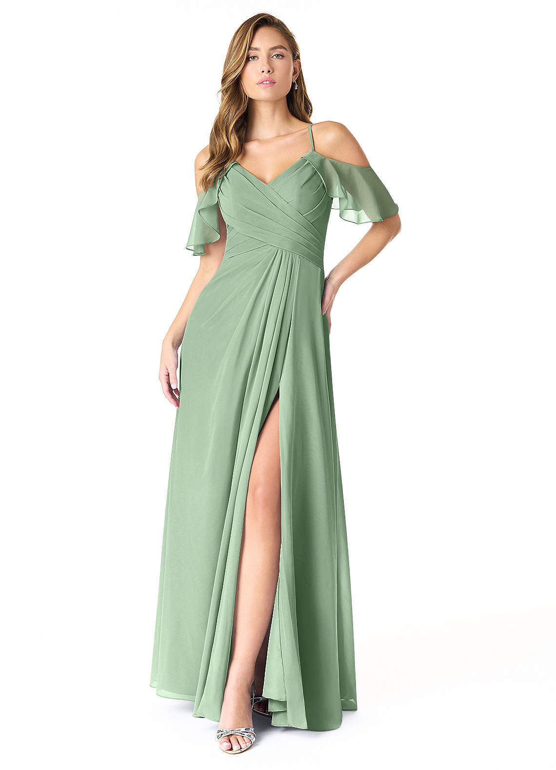 elyessen Dakota Dusty Sage A-Line V-Neck Pleated Chiffon Dress 1