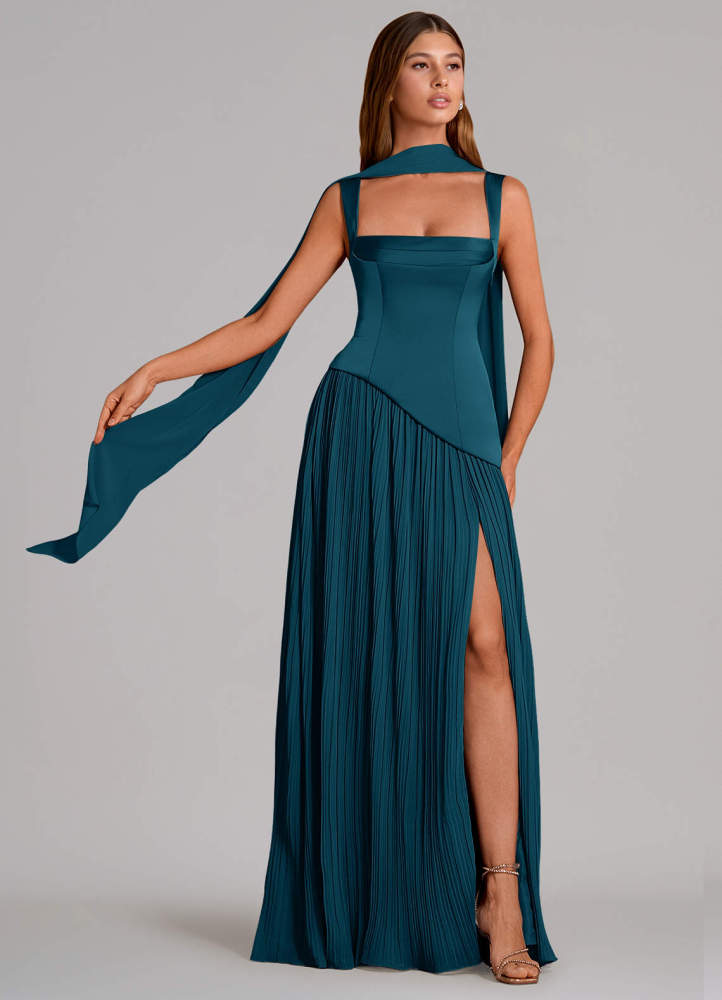 elyessen Stephanie Black A-Line Pleated Stretch Satin Dress 3
