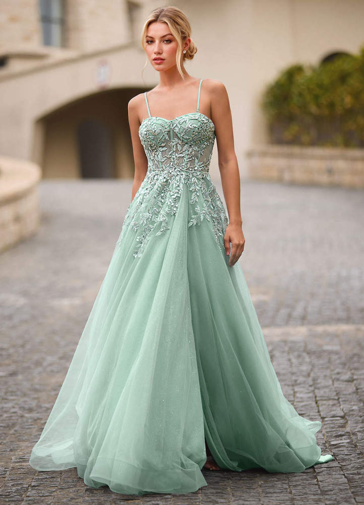 Celeste Light Purple Rhinestone Sheer Lace Prom Dress